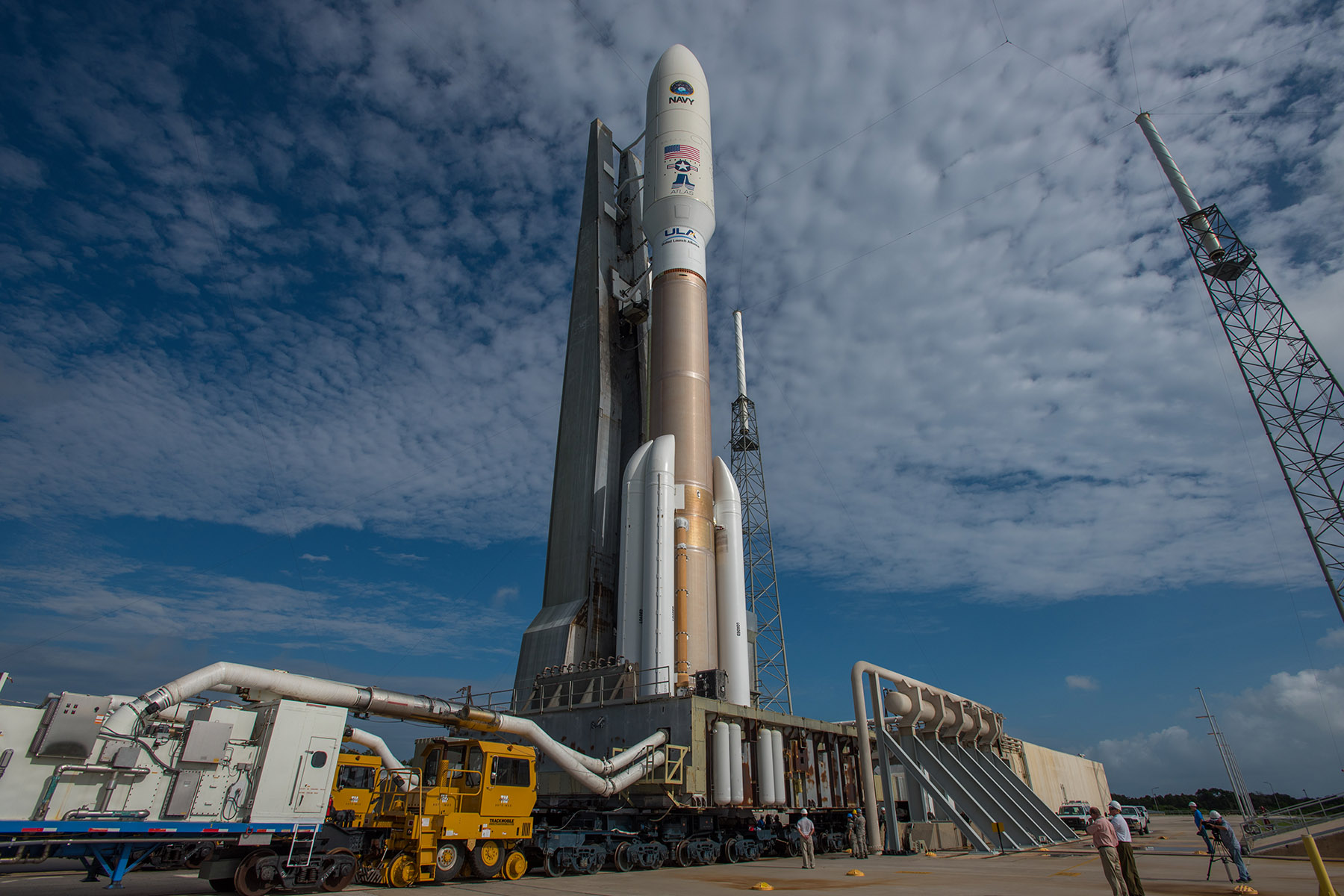 ULA's most powerful Atlas-V rocket, the Atlas 551, standing tall atop SLC-41 for a Wednesday morning launch attempt. Photo Credit: ULA