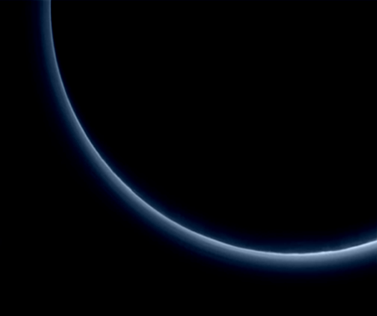 A spectacular image of Pluto's atmosphere backlit by the Sun, taken during New Horizons' closest approach to Pluto on July 14. The bright halo of Pluto's atmosphere is caused by the scattering of sunlight from nitrogen, a compound that dominates the planet's atmosphere. A new study suggests that the source of all this nitrogen might be cryovolcanism on the distant planet. Image Credit: NASA/JHUAPL/SwRI