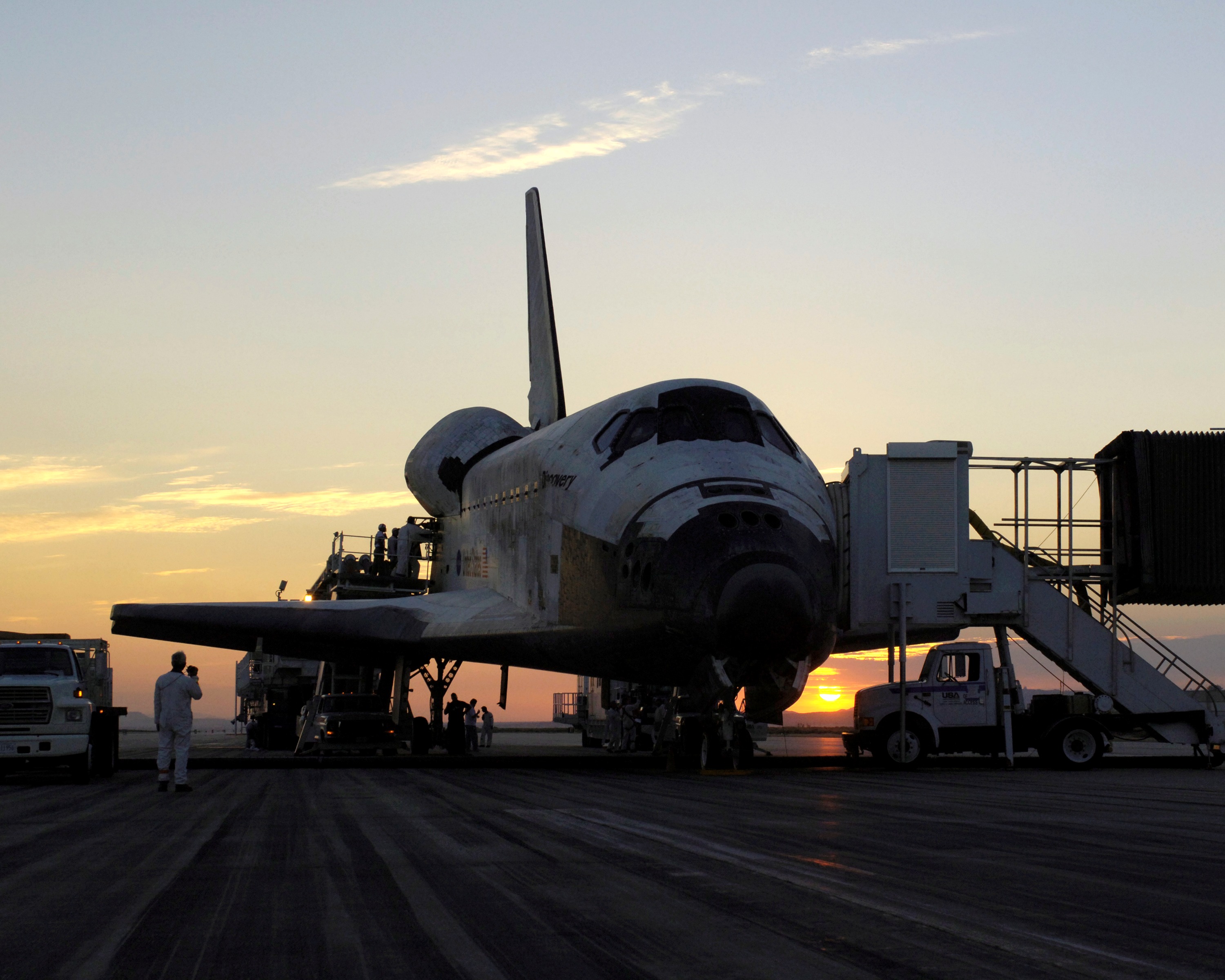 Discovery sits on the runway at Edwards Air Force Base, Calif., on 9 August 2005, after completing STS-114, the first post-Columbia shuttle mission. Photo Credit: NASA