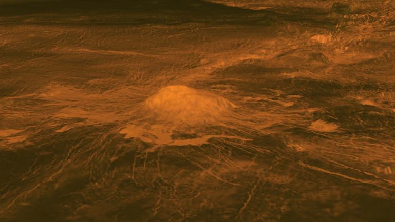 The volcanic peak Idunn Mons, within the Imdr Regio southern region of Venus, as viewed by Magellan. Image Credit: NASA