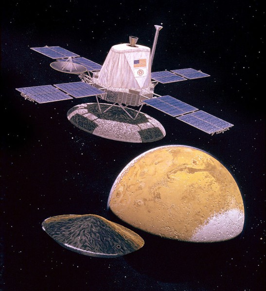 Artist's concept of the deployment of the aeroshell-enshrouded Viking lander from the orbiter. Image Credit: Don Davis