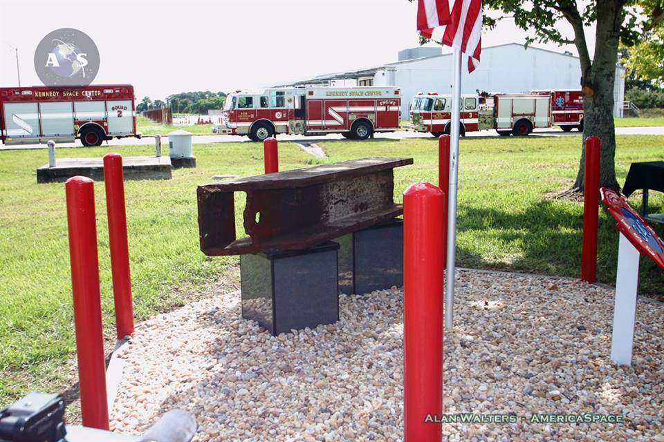 A steel I-beam from the WTC now on display at a new memorial at KSC's Fire Station-1. Photo Credit: Alan Walters / AmericaSpace 