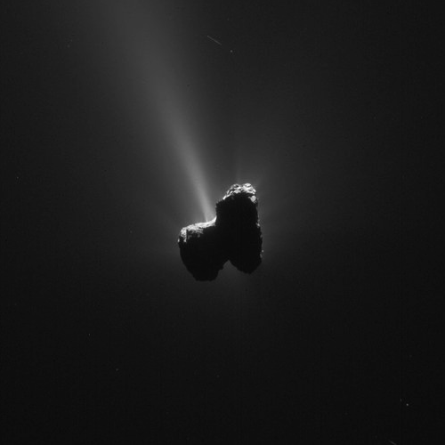 Dramatic view of jets erupting on Comet 67P on Sept. 11, 2015. Image Credit: ESA/Rosetta/NavCam – CC BY-SA IGO 3.0