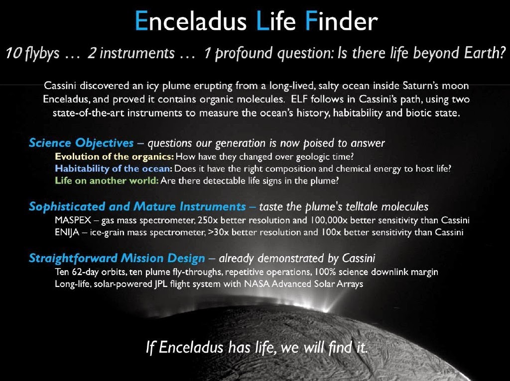 Overview of the proposed Enceladus Life Finder mission. Image Credit: Jonathan Lunine/ELF team