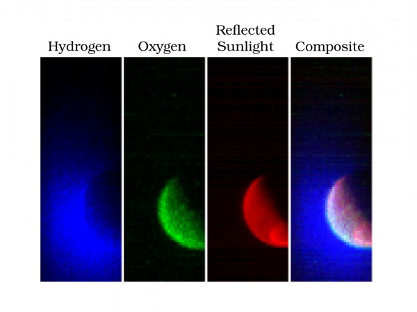 False-color images of Mars, taken with MAVEN's Imaging Ultraviolet Spectrograph, just eight hours after orbit insertion, on September 2014. The image shows the planet from an altitude of 36,500 km in three ultraviolet wavelength bands. Blue shows the ultraviolet light from the sun scattered from atomic hydrogen gas in an extended cloud that goes to thousands of kilometers above the planet’s surface. Green shows a different wavelength of ultraviolet light that is primarily sunlight reflected off of atomic oxygen, showing the smaller oxygen cloud. Red shows ultraviolet sunlight reflected from the planet’s surface; the bright spot in the lower right is light reflected either from polar ice or clouds. Image Credit/Caption: Laboratory for Atmospheric and Space Physics /University of Colorado and NASA