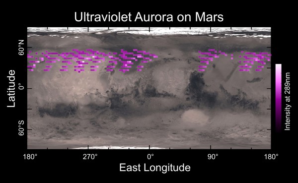 A map of the Martian auroral detections that were taken by MAVEN's Imaging Ultraviolet Spectrograph in December 2014 and shown here overlaid on a Mars topographic map. Image Credit/Caption: Laboratory for Atmospheric and Space Physics /University of Colorado