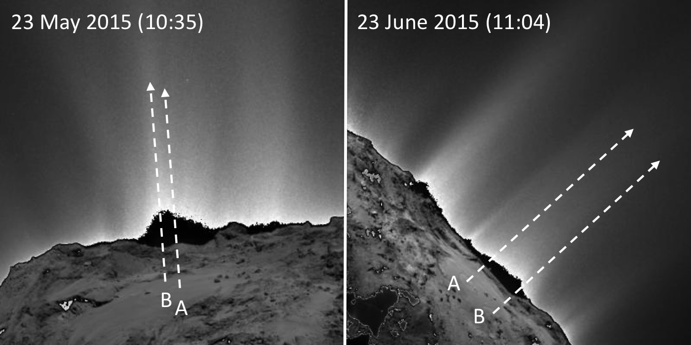 Activity seen above the Imhotep region with the OSIRIS narrow-angle camera on Rosetta on May 23, 2015 (left), before the changes were seen in this region, and on June 23, 2015 (right), after the changes had begun to appear. Image Credit: ESA/Rosetta/MPS for OSIRIS Team MPS/UPD/LAM/IAA/SSO/INTA/UPM/DASP/IDA
