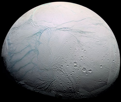 Enceladus, a tiny icy moon of Saturn, has a global ocean of water beneath its surface. Image Credit: NASA/JPL-Caltech