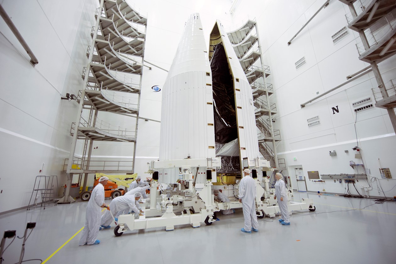 The Morelos-3 satellite is encapsulated within its 13-foot-diameter (4-meter) Payload Fairing (PLF), ahead of integration with the Atlas V 421. Photo Credit: ULA