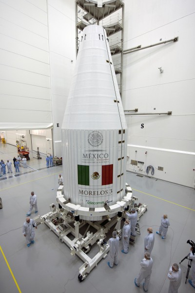 Emblazoned with the national flag of Mexico, the name of "Morelos-3" creates a link with three past generations of Boeing-built communications satellites. Photo Credit: ULA