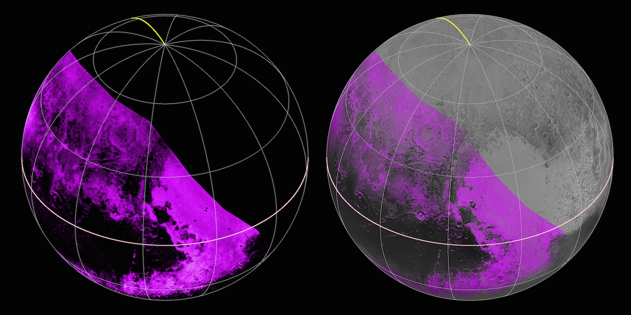 Map of methane ice distribution on Pluto, from the Ralph/LEISA infrared spectrometer on New Horizons. Image Credit: NASA/JHUAPL/SWRI