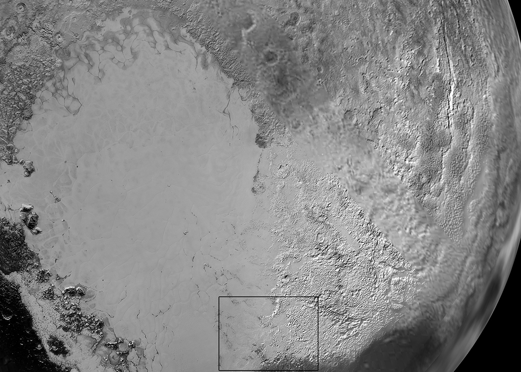 Close-up view of Sputnik Planum, also known as Pluto's "heart." The smooth plains in this region are thought to be composed of nitrogen ice. Image Credit: NASA/JHUAPL/SwRI