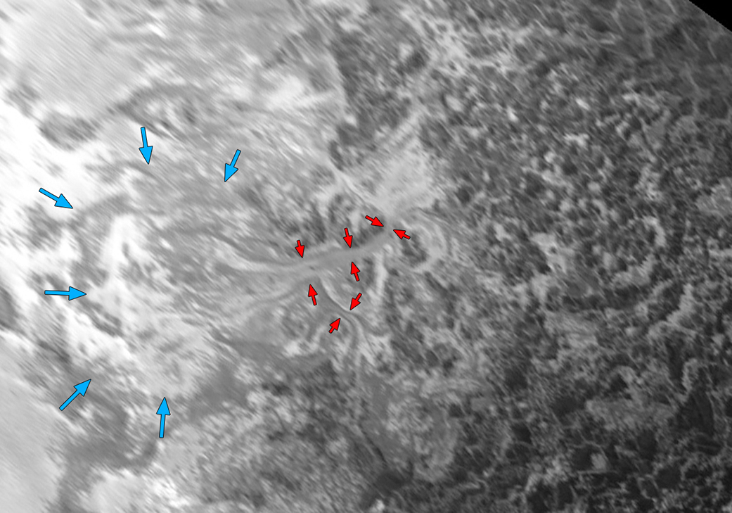 Even closer view of the nitrogen ice glaciers on Pluto. The flow front of the ice moving into Sputnik Planum is outlined by the blue arrows. Image Credit: NASA/JHUAPL/SwRI