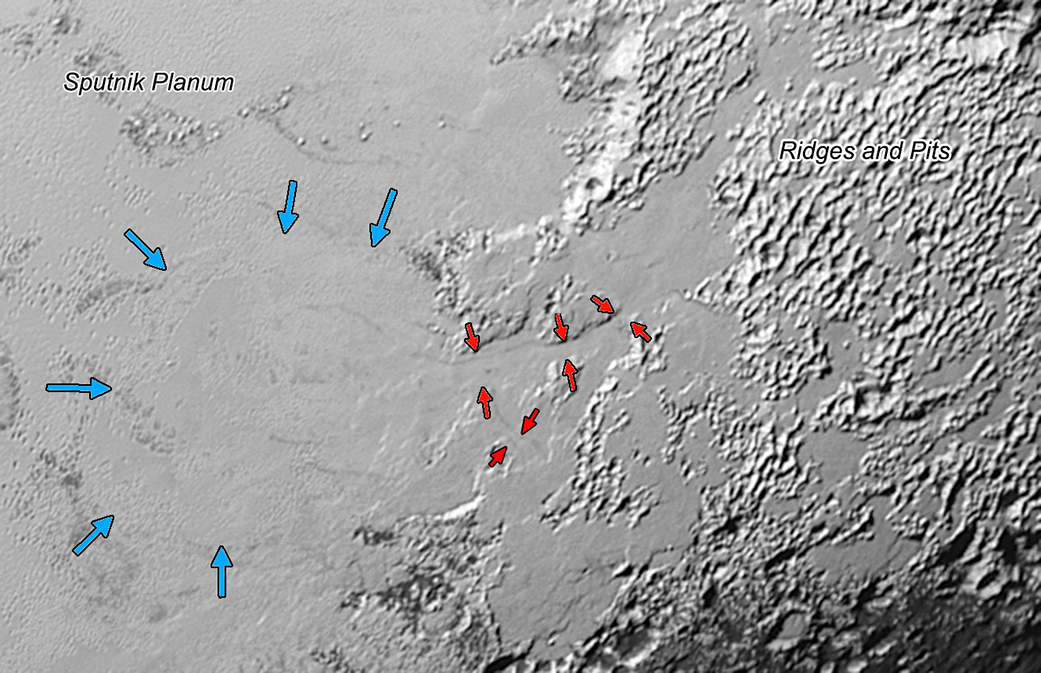 Close-up view of region inside rectangle from previous image, showing glaciers in 2- to 5-mile (3- to 8- kilometer) wide valleys (red arrows). Image Credit: NASA/JHUAPL/SwRI