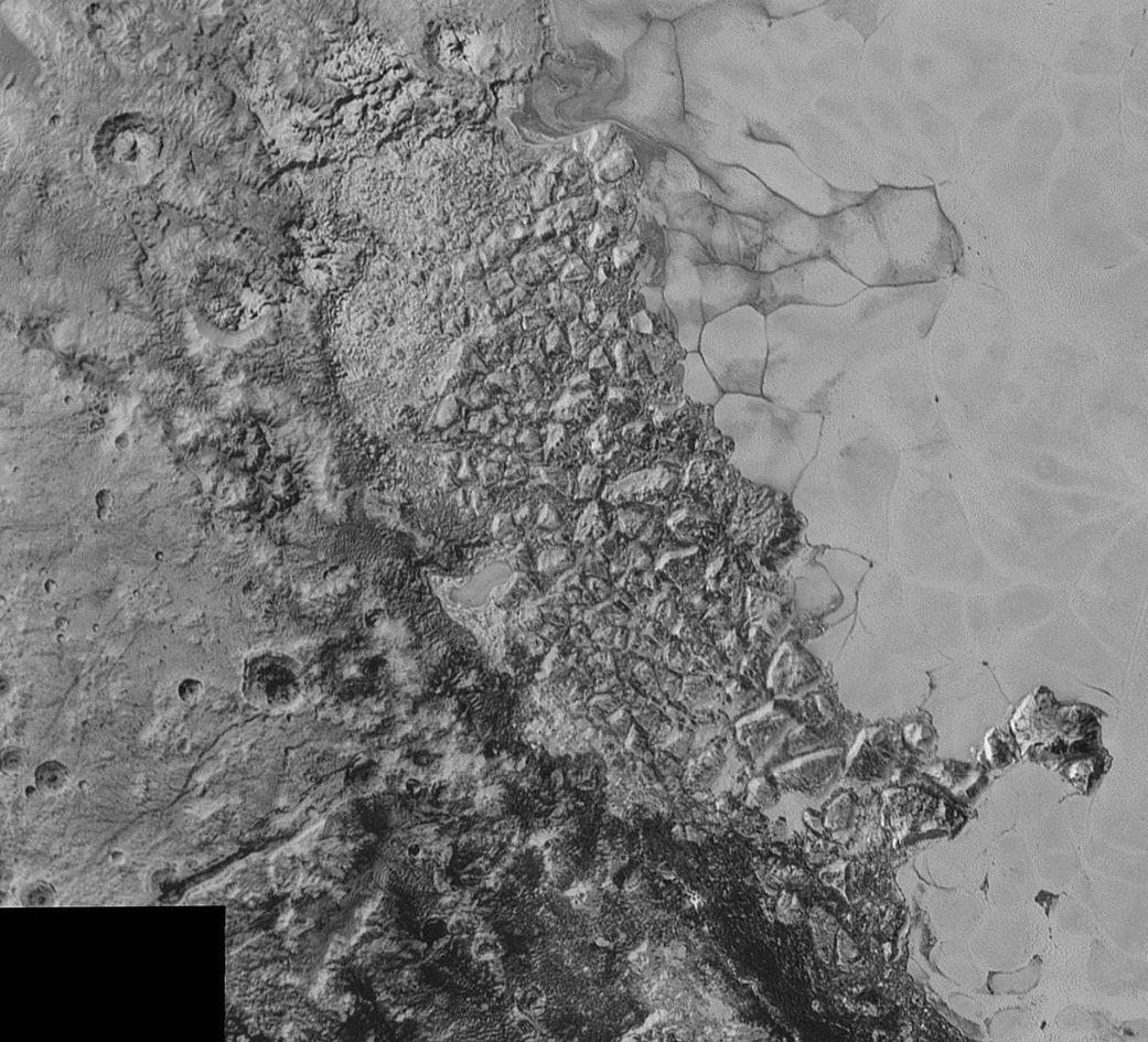 View of chaotic, jumbled terrain, similar to that seen on Europa. The image covers 300 miles (470 kilometers). Image Credit: NASA/Johns Hopkins University Applied Physics Laboratory/Southwest Research Institute