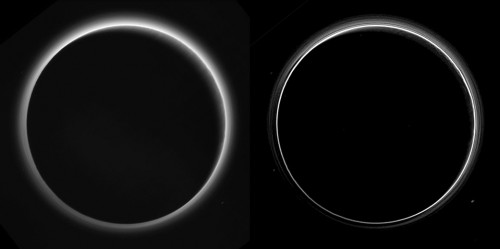 Two different images showing Pluto backlit by the Sun, with haze layers visible in the thin atmosphere. Image Credit: NASA/Johns Hopkins University Applied Physics Laboratory/Southwest Research Institute