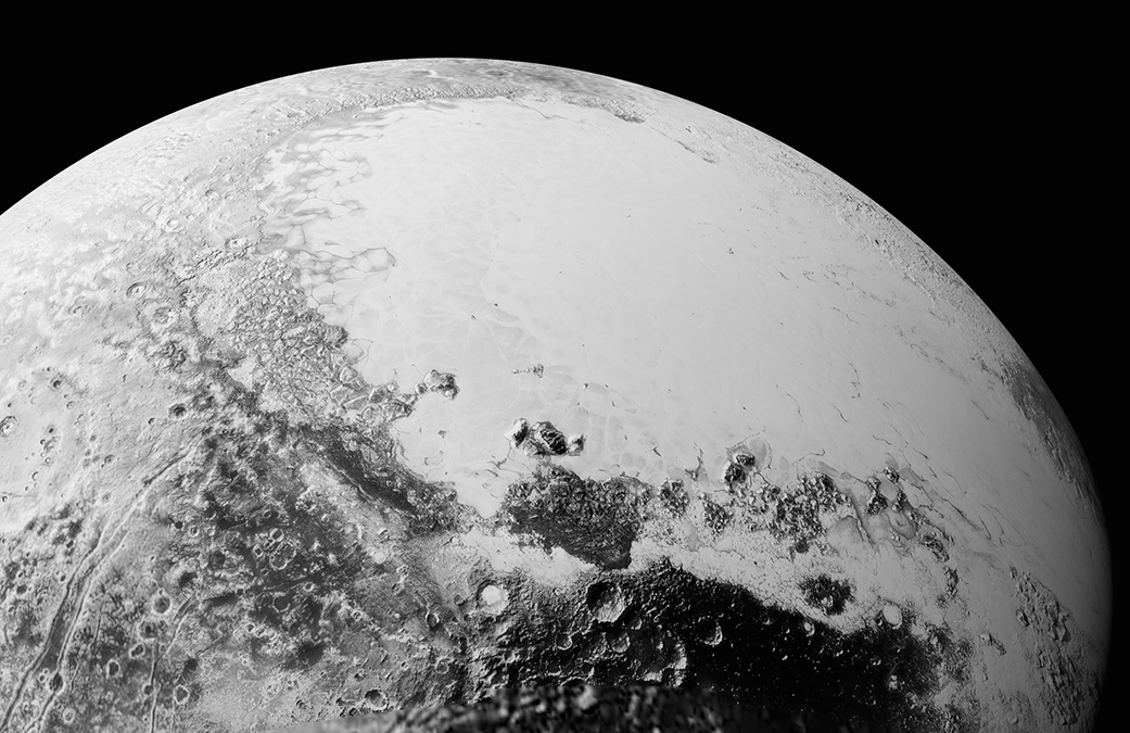 Perspective view of Pluto, comprised of the latest high-resolution images. The entire expanse of terrain seen in the image is 1,100 miles (1,800 kilometers) across. Image Credit: NASA/Johns Hopkins University Applied Physics Laboratory/Southwest Research Institute