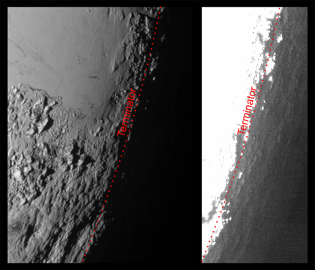 Image showing the daytime/nighttime terminator on Pluto (brightened in right side image to bring out more detail). High-altitude hazes produce a soft twilight effect. Image Credit: NASA/Johns Hopkins University Applied Physics Laboratory/Southwest Research Institute