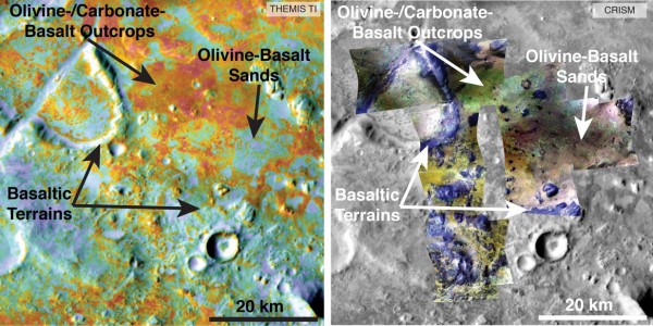 Maps of carbonate deposits using physical properties from THEMIS (left) and mineral information from CRISM (right). Image Credit: NASA/JPL-Caltech/ASU/JHUAPL