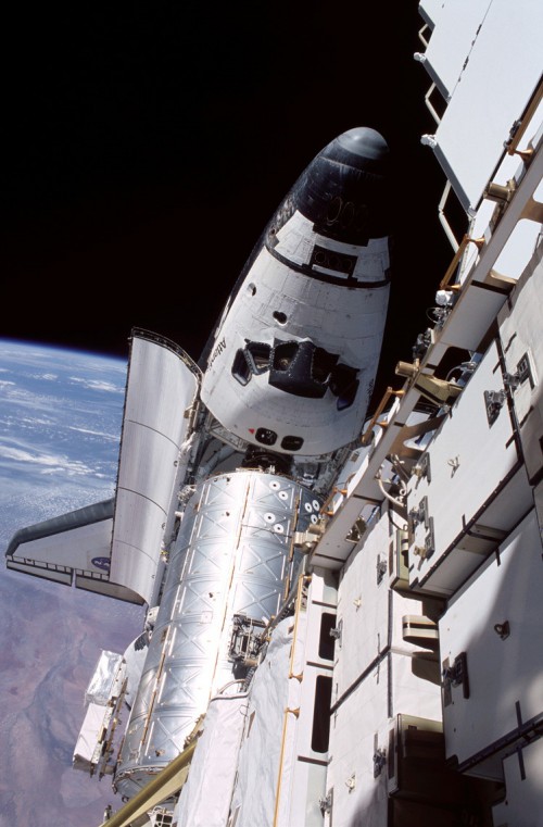 Atlantis docked at the International Space Station (ISS), during her STS-104 mission in July 2001. Photo Credit: NASA, via Joachim Becker/SpaceFacts.de