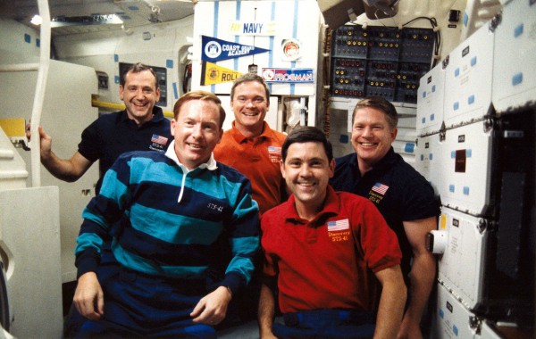 The STS-41 astronauts were the first shuttle crew to have flown all of their missions in the aftermath of the Challenger disaster. From left to right are Tom Akers, Dick Richards, Bruce Melnick, Bob Cabana and Bill Shepherd. Photo Credit: NASA, via Joachim Becker/SpaceFacts.de