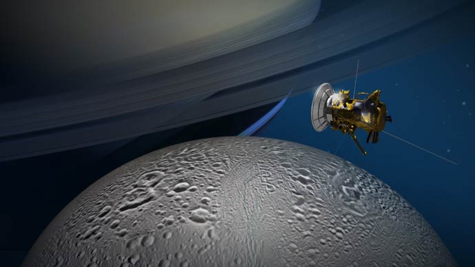 Illustration of Cassini's "E-20" flyby of Enceladus, which will provide new, detailed views of the moon's north polar region. Image Credit: NASA/JPL-Caltech