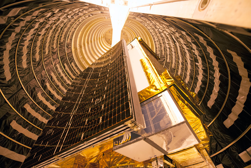 GPS IIF-11, the Air Force's penultimate GPS IIF series satellite is encapsulated inside an Atlas V 4-meter payload fairing. Photo Credit: ULA