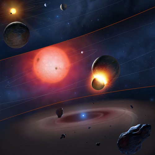 According to theoretical predictions, the orbits of planets around Sun-like stars are destabilised as the latter turn into red giants and smack onto one another, creating a circumstellar dust debris disk. When the star finally becomes a white dwarf, many of these destabilised planetesimals fall onto the star and are vaporised. Image Credit: Mark A. Garlick /space-art.co.uk/University of Warwick