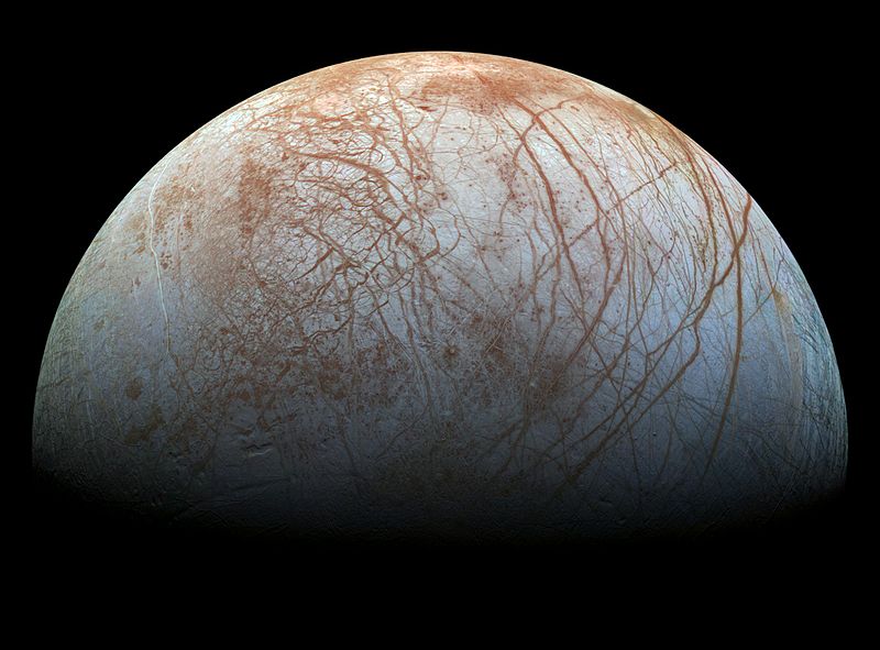 An image mosaic of Europa taken from NASA's Galileo spacecraft, showing the moon's famous 'chaos terrain' of linear cracks and ridges that crisscross almost its entire surface. A new research by a team of US astronomers has identified a previously unseen set of minerals along Europa's chaos terrain, which are thought to have originated from the moon's underground liquid water ocean. Image Credit: NASA/JPL-Caltech/SETI Institute