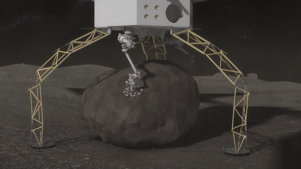 Artist’s concept of NASA’s Asteroid Redirect Robotic Mission capturing an asteroid boulder before redirecting it to an astronaut-accessible orbit around Earth's moon. Caption and Credits: NASA 