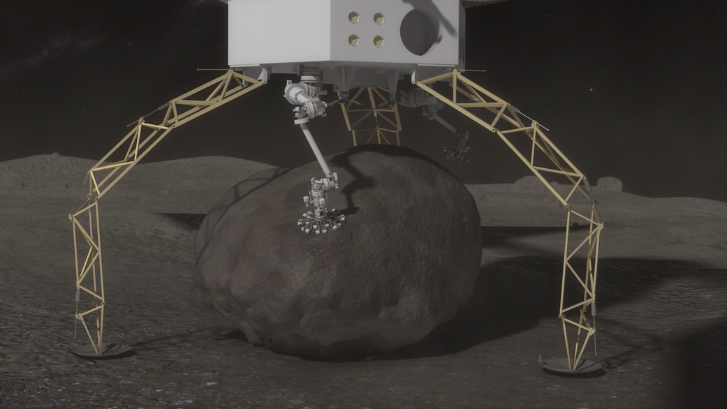 Artist’s concept of NASA’s Asteroid Redirect Robotic Mission capturing an asteroid boulder before redirecting it to an astronaut-accessible orbit around Earth's moon. Caption and Credits: NASA