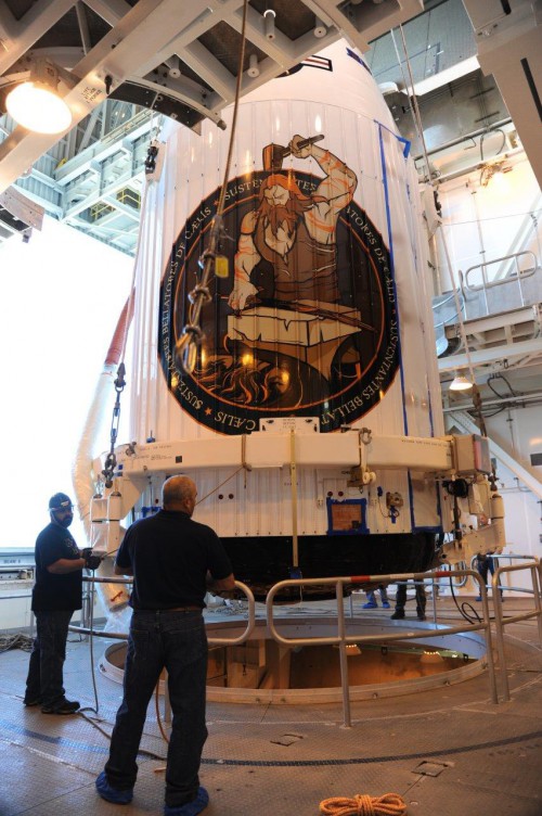 The NROL-55 payload, encapsulated in a 4-meter diameter payload fairing, is mated to an Atlas-V booster inside the Mobile Service Tower (MST) at Vandenberg's Space Launch Complex-3. Photo Credit: ULA