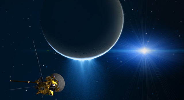 Artist's conception of Cassini making a close flyby of Enceladus and its water vapor plumes. Image Credit: NASA/JPL