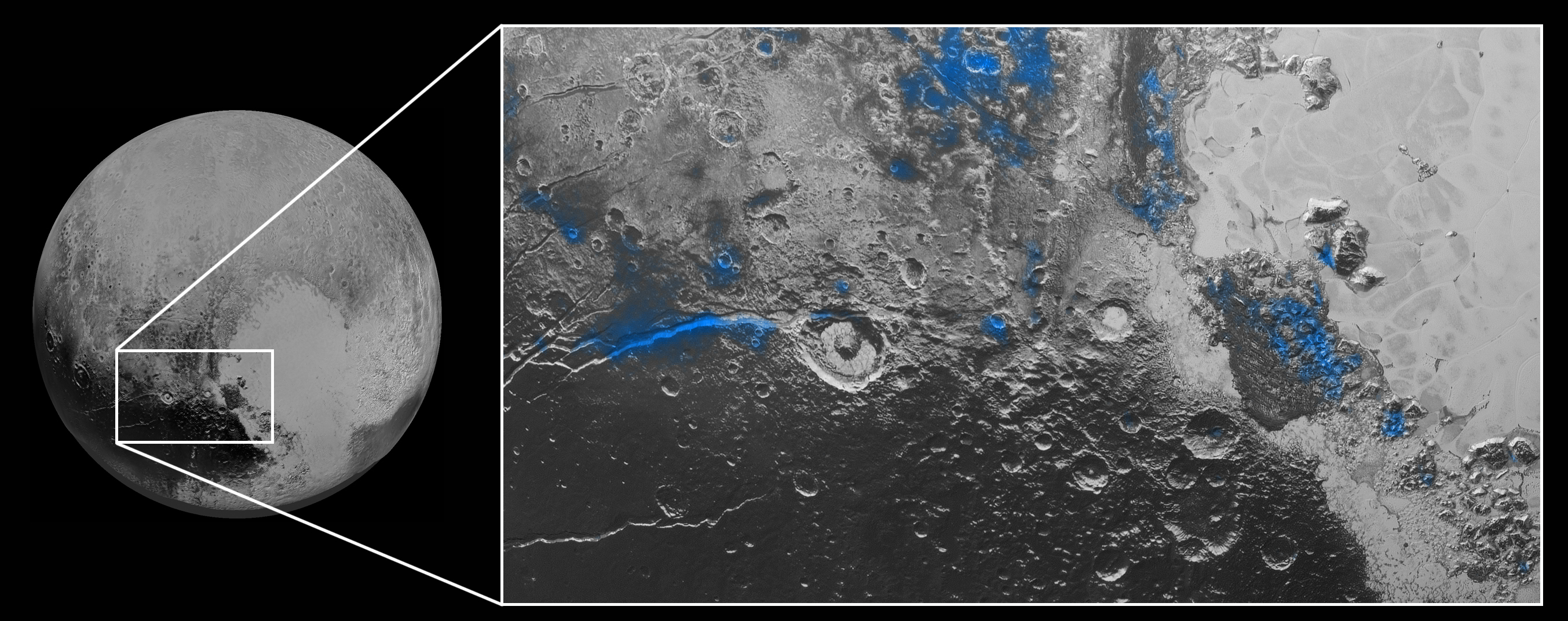 Regions on Pluto with exposed water ice (highlighted in blue). The ice actually appears red in color images, probably due to reddish tholins. Image Credit: NASA/JHUAPL/SwRI