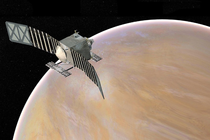 Artist's conception of the VERITAS spacecraft in orbit around Venus. Image Credit: NASA/JPL-Caltech