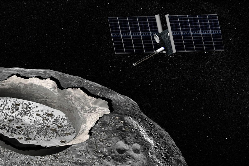 Artist's conception of the Psyche mission, which would investigate a large unique asteroid called Psyche, which is composed of mostly iron and nickel, rather than rock. Image Credit: NASA/JPL-Caltech