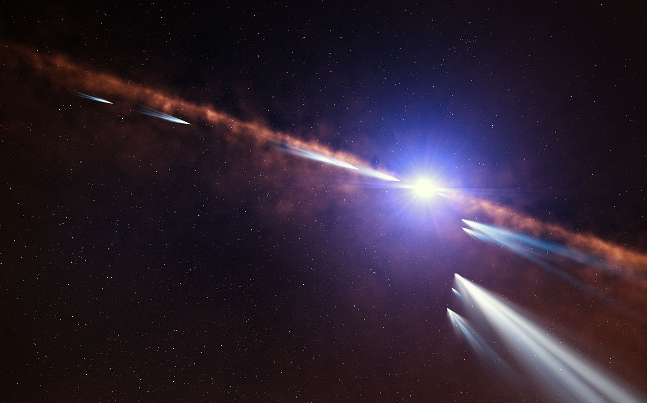 This artist’s impression shows exocomets orbiting the star Beta Pictoris. Astronomers analysing observations of nearly 500 individual comets made with the HARPS instrument at ESO’s La Silla Observatory have discovered two families of exocomets around this nearby young star. The first consists of old exocomets that have made multiple passages near the star. The second family, shown in this illustration, consists of younger exocomets on the same orbit, which probably came from the recent breakup of one or more larger objects.