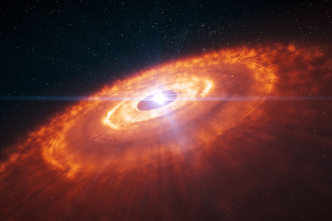 Planetary debris disks, or protoplanetary disks, such as the one in this artist's conception, are the birthplaces of new planets, which form from the massive clouds of dust and gas. Image Credit: ESO/L. Calçada