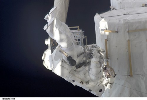 Expedition 4's Dan Bursch participated in U.S. EVA-1 on 20 February 2002, the first Quest-based spacewalk ever conducted in a U.S. Extravehicular Mobility Unit (EMU), without a shuttle being physically present. Photo Credit: NASA