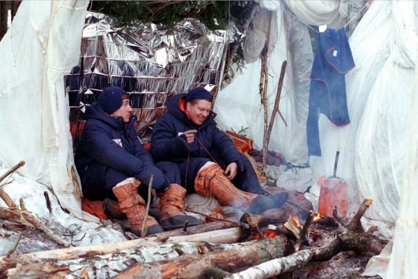 Expedition 1 crewmen Sergei Krikalev (left) and Bill Shepherd participate in survival training, near Star City, Russia, in May 1998. Photo Credit: NASA