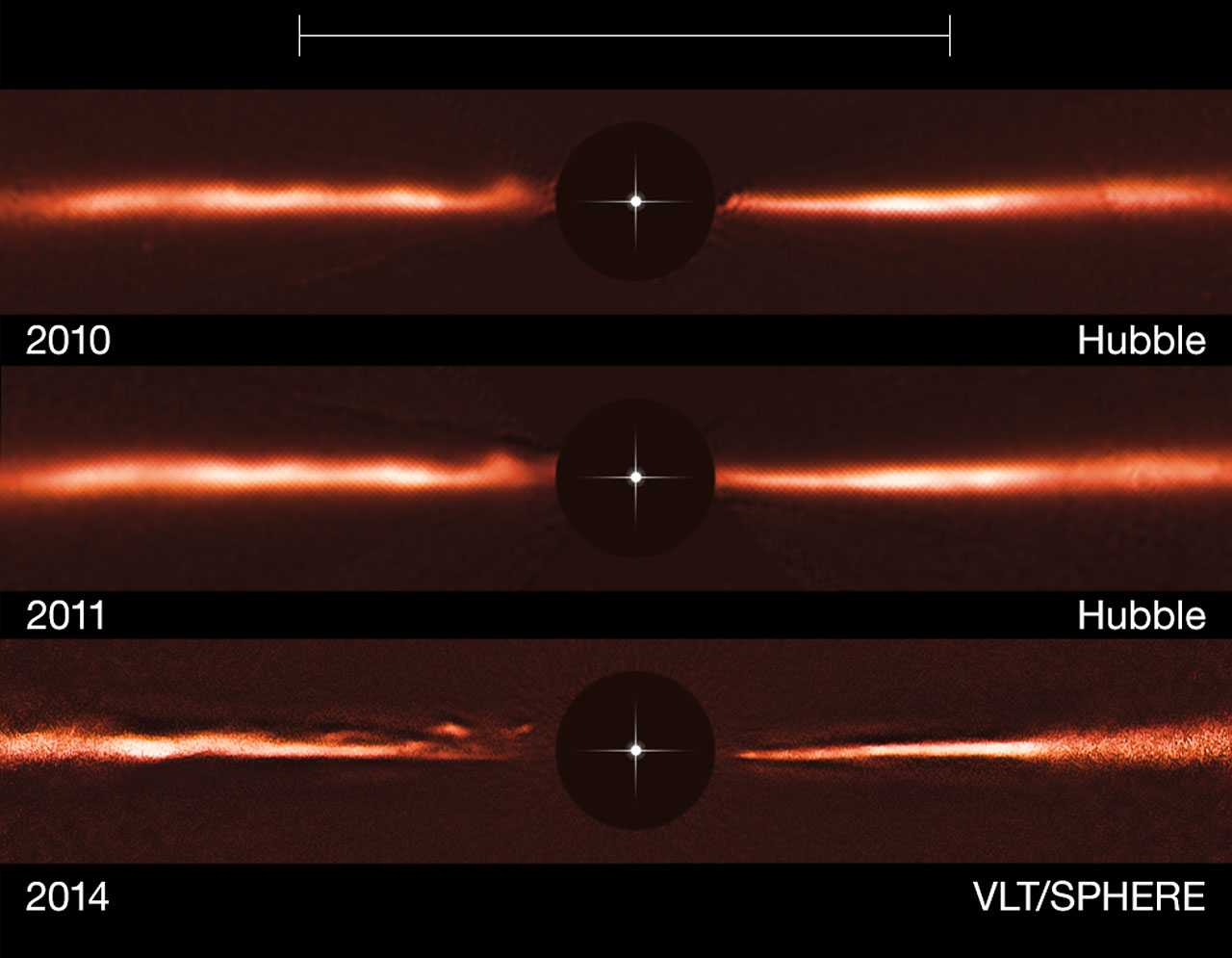 Hubble and VLT images of the "ripples" within the debris disk surrounding the young star AU Microscopii. Image Credit: ESO/NASA/ESA