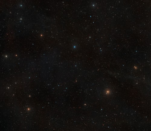 Ground-based view of the sky surrounding the star AU Microscopii, created from images forming part of the Digitized Sky Survey 2. Image Credit: ESO/Digitized Sky Survey 2
