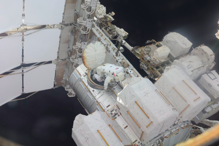 Expedition 46 Commander Scott Kelly departs the Quest airlock on 28 October 2015 to begin an EVA with crewmate Kjell Lindgren. Photo Credit: NASA