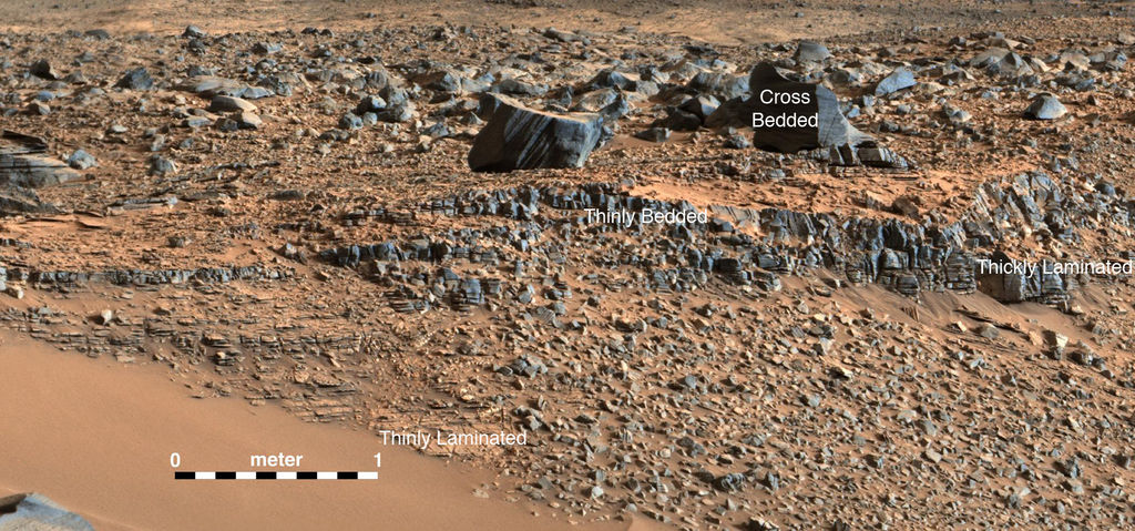 View of mudstone strata at the Hidden Valley site in Gale crater. The mudstone formations are evidence for a previous lakebed in this region, and ancient river deposits are also located nearby. Image Credit: NASA/JPL-Caltech/MSSS