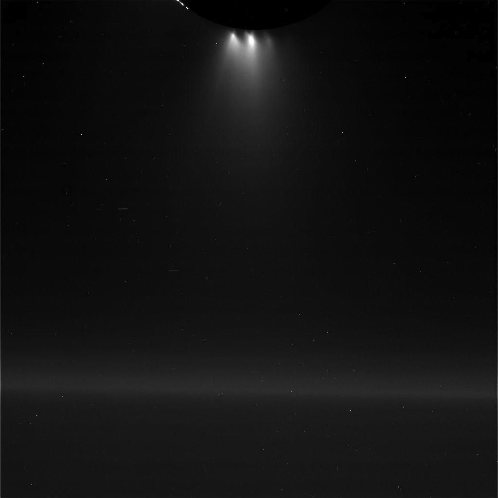 Enceladus' geysers are very prominent in this image taken during the flyby. Image Credit: NASA/JPL-Caltech/Space Science Institute