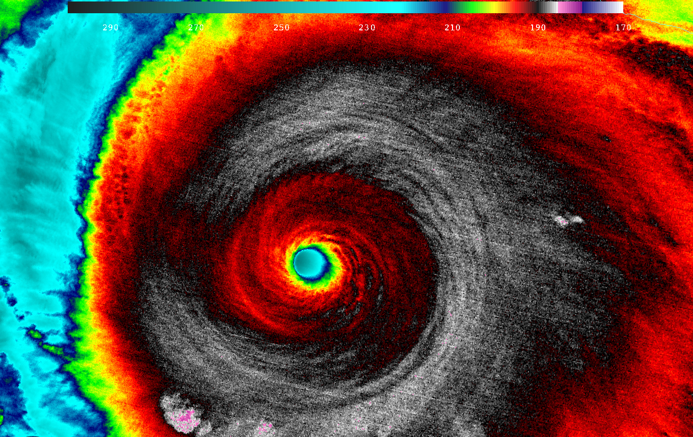 When NASA-NOAA's Suomi NPP satellite passed over Patricia on October 23 at 5:20 a.m. EDT the VIIRS instrument that flies aboard Suomi NPP looked at the storm in infrared light. Cloud top temperatures of thunderstorms around the eyewall were between 180K (-135.7F/ -93.1C) and 190 Kelvin (-117.7F/ -83.1C). Credits: UW/CIMSS/William Straka III