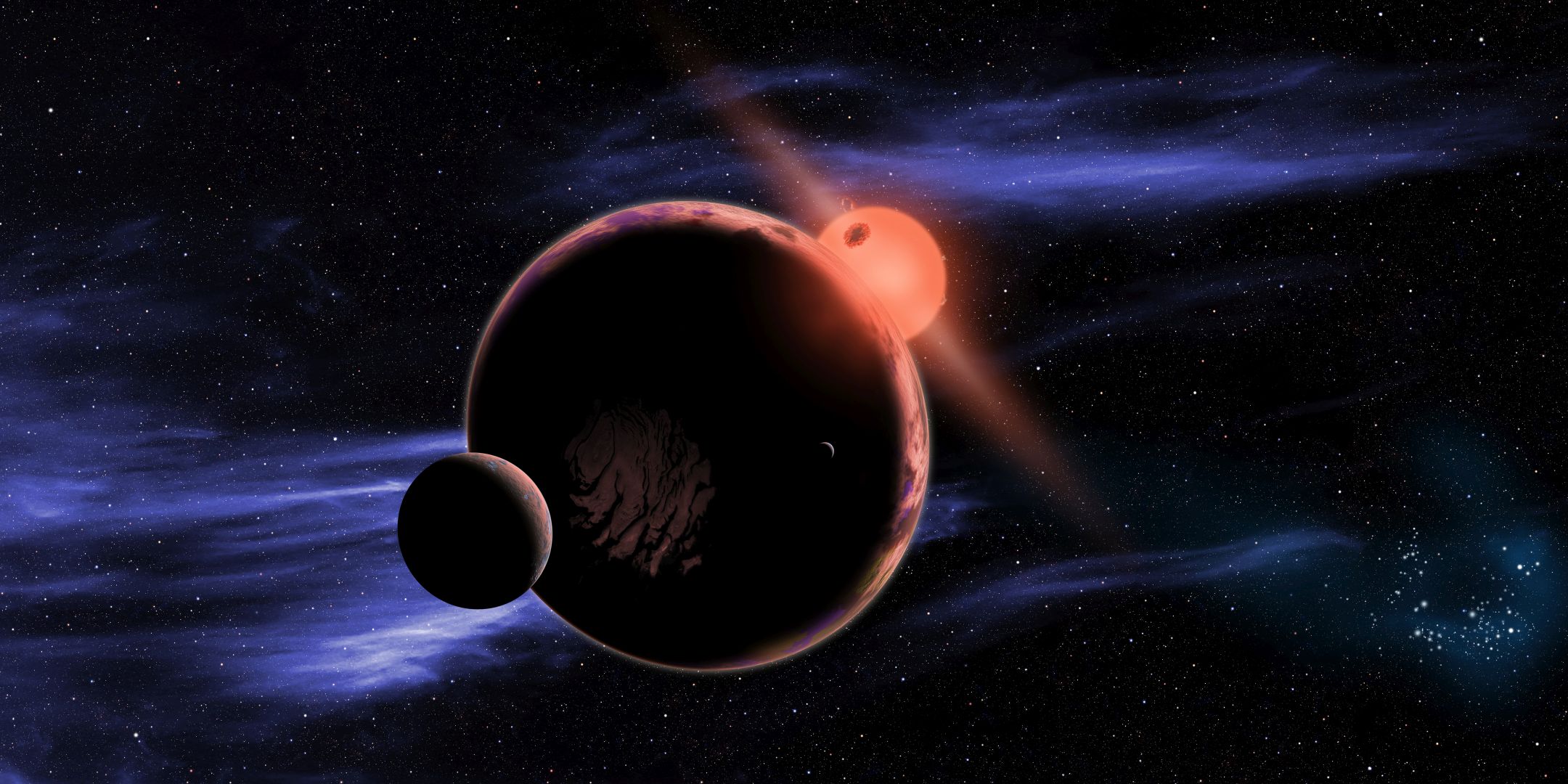 An artist's concept of a hypothetical terrestrial exoplanet with two moons orbiting inside the habitable zone of a red dwarf star. New research has shown that such planets could under the right conditions generate their own magnetic field, which could render them potentially habitable. Image Credit: D. Aguilar/Harvard-Smithsonian Center for Astrophysics
