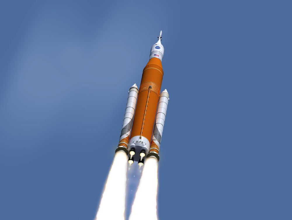 An SLS in its Block 1 configuration goes up, up, and away in this artist's rendering. Image Credit: NASA/MSFC