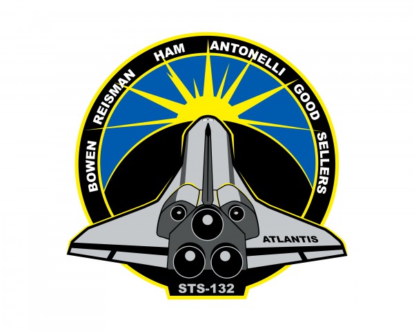 The STS-132 patch, designed by the "First-Last Crew of Atlantis", showing the orbiter flying into the sunset of her illustrious career. Image Credit: NASA