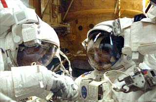 On STS-86, Vladimir Titov (right) became the first non-U.S. spacefarer to perform an EVA in an American suit. Photo Credit: NASA